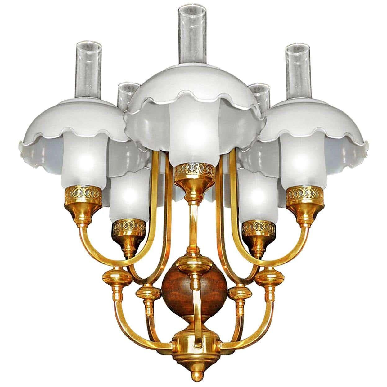 French Art Deco Library Oil Lamp Chandelier Gilt Brass and Opaline Glass Shades For Sale