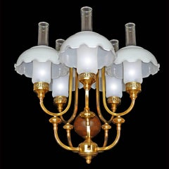 French Art Deco Library Oil Lamp Chandelier Gilt Brass Wood Opaline Glass Shades