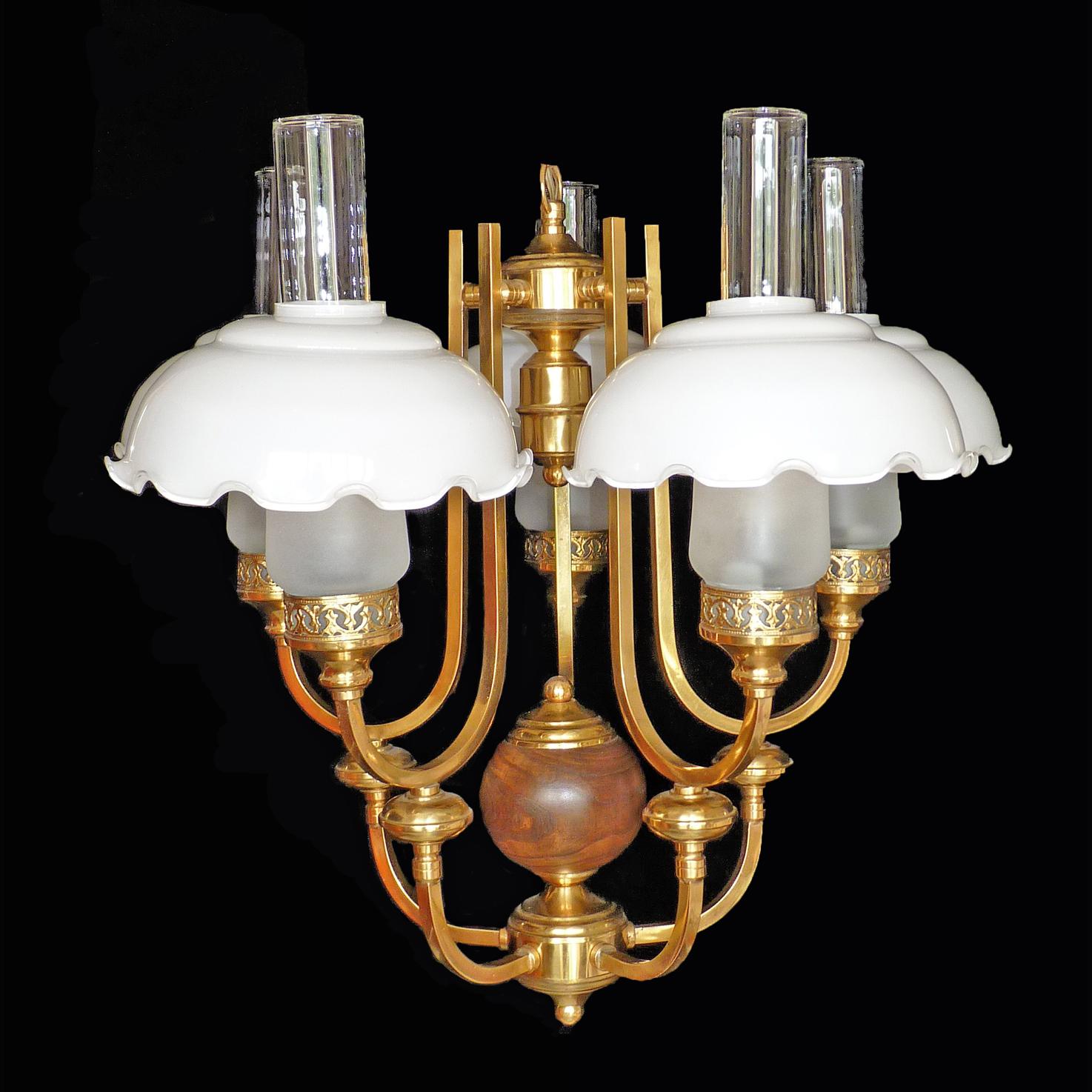 20th Century French Art Deco Library Oil Lamp Chandelier Gilt Brass Wood Opaline Glass Shades For Sale