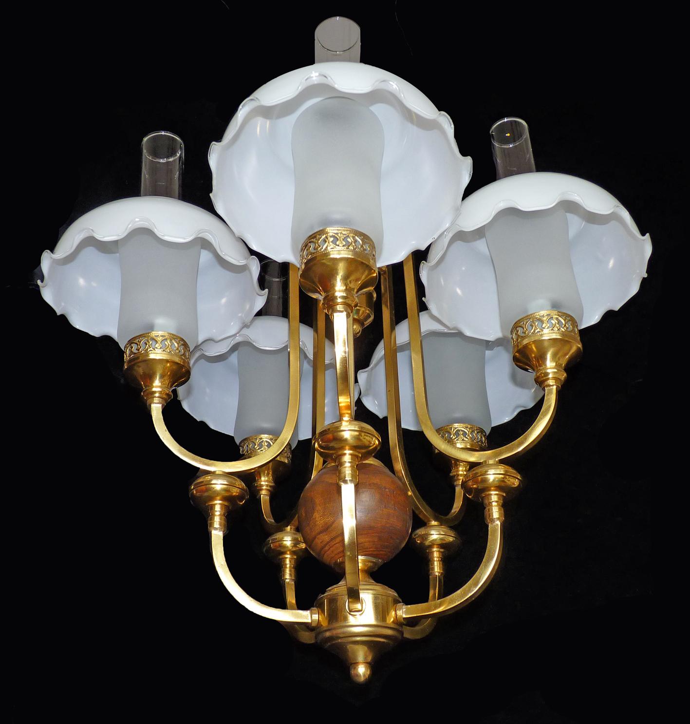 French Art Deco Library Oil Lamp Chandelier Gilt Brass Wood Opaline Glass Shades For Sale 1