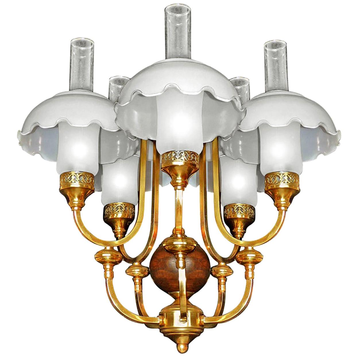 French Art Deco Library Oil Lamp Chandelier Gilt Brass Wood Opaline Glass Shades For Sale
