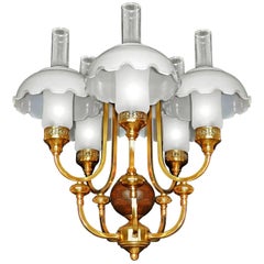 Vintage French Art Deco Library Oil Lamp Chandelier Gilt Brass Wood Opaline Glass Shades