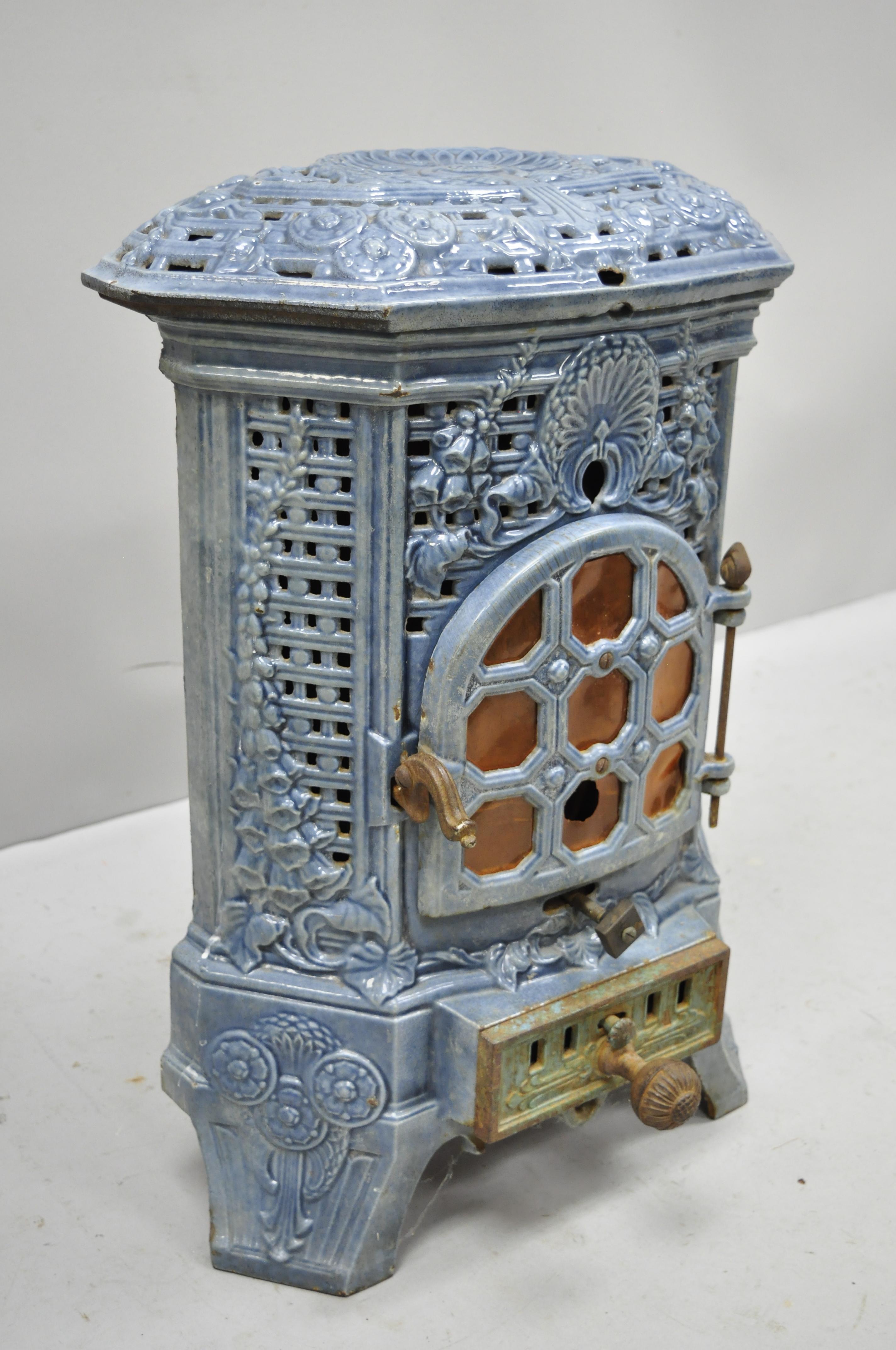 French Art Deco Lily Cast Iron Blue Porcelain Heater Stove Deville Charleville 4