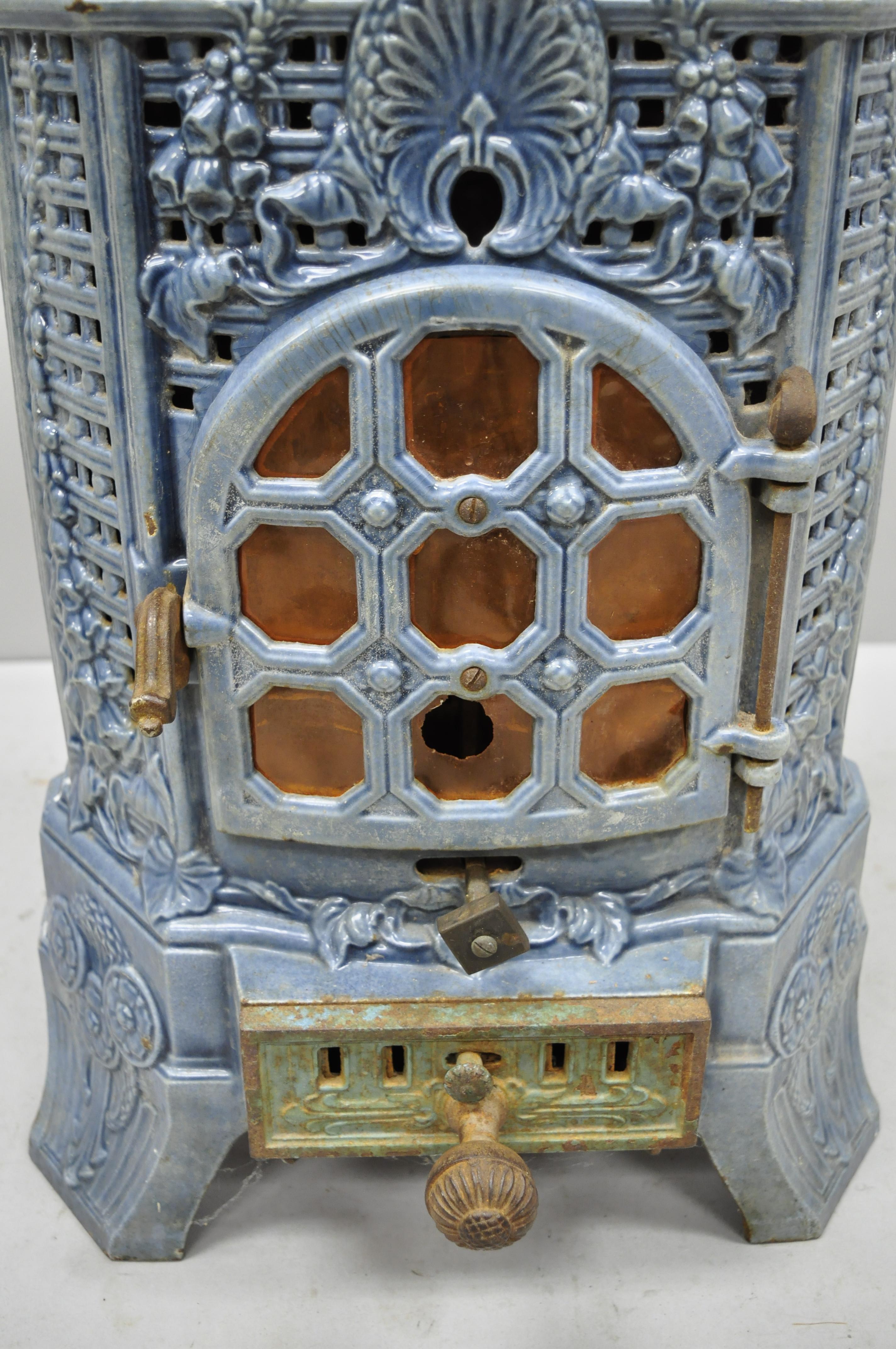 French Art Deco Lily Cast Iron Blue Porcelain Heater Stove Deville Charleville In Good Condition In Philadelphia, PA