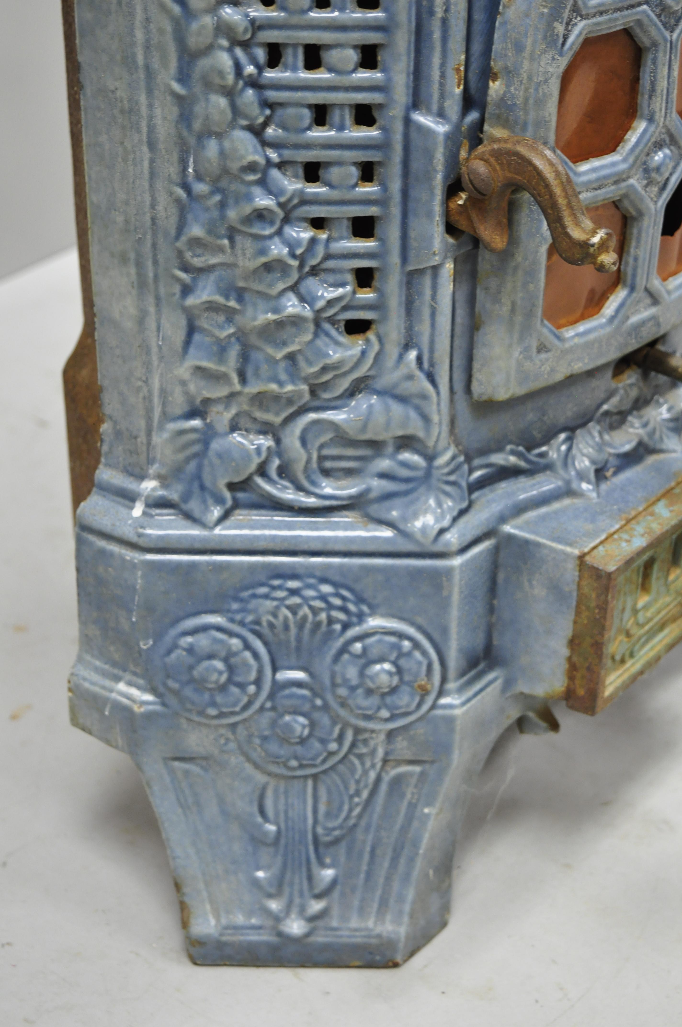 20th Century French Art Deco Lily Cast Iron Blue Porcelain Heater Stove Deville Charleville