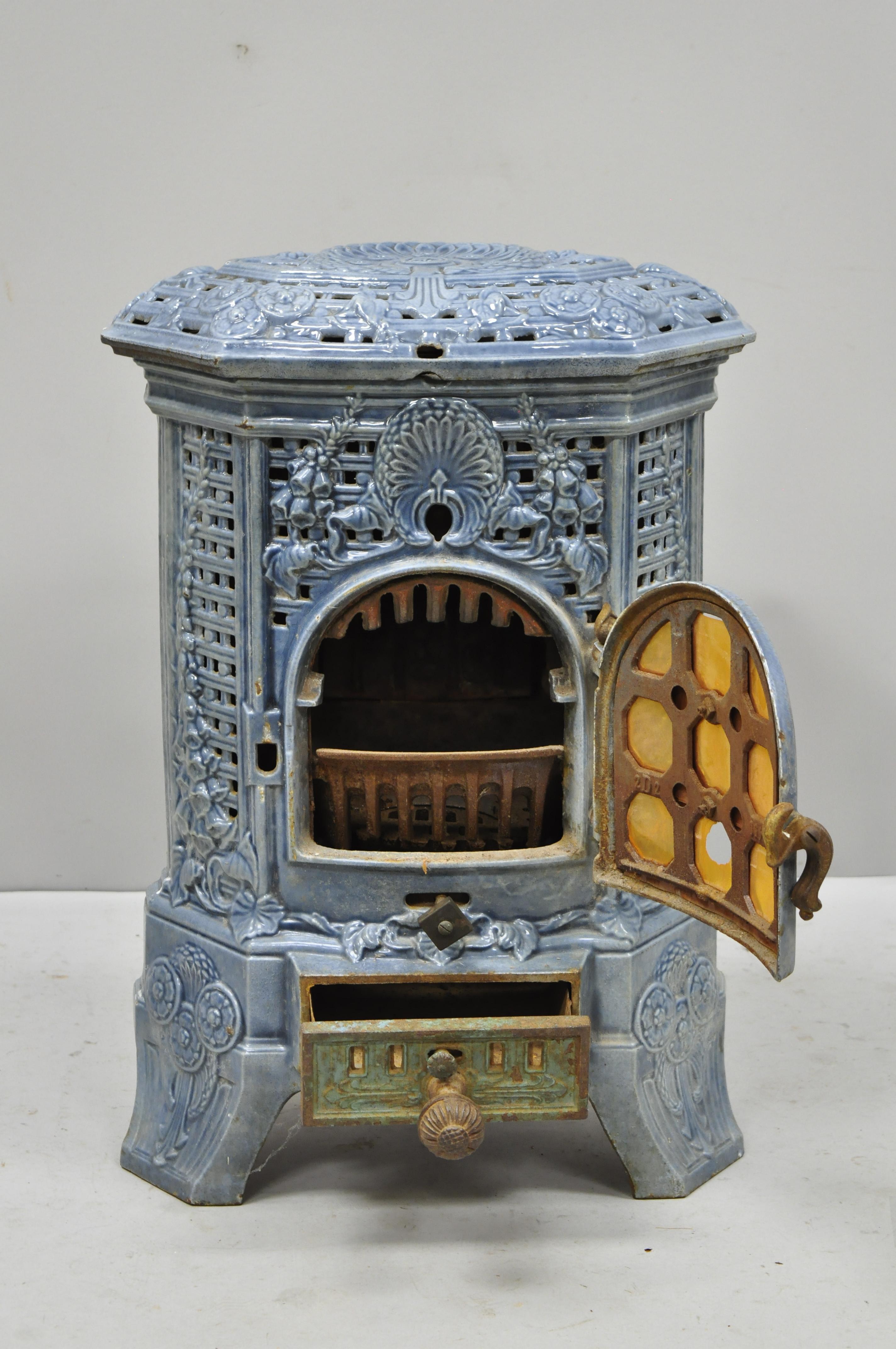 Enamel French Art Deco Lily Cast Iron Blue Porcelain Heater Stove Deville Charleville
