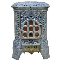 Used French Art Deco Lily Cast Iron Blue Porcelain Heater Stove Deville Charleville