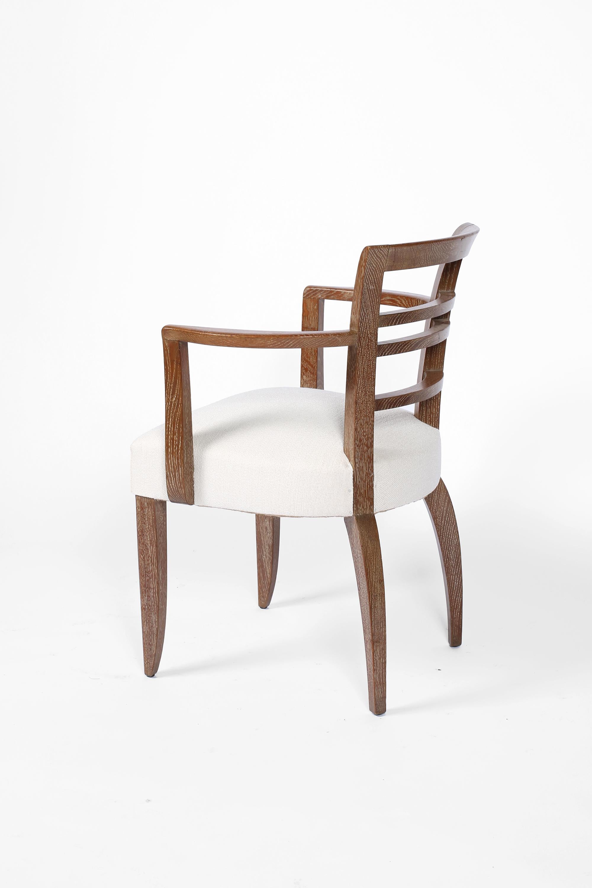 Linen French Art Deco Limed Oak Occasional Chairs 1940s Cerused For Sale
