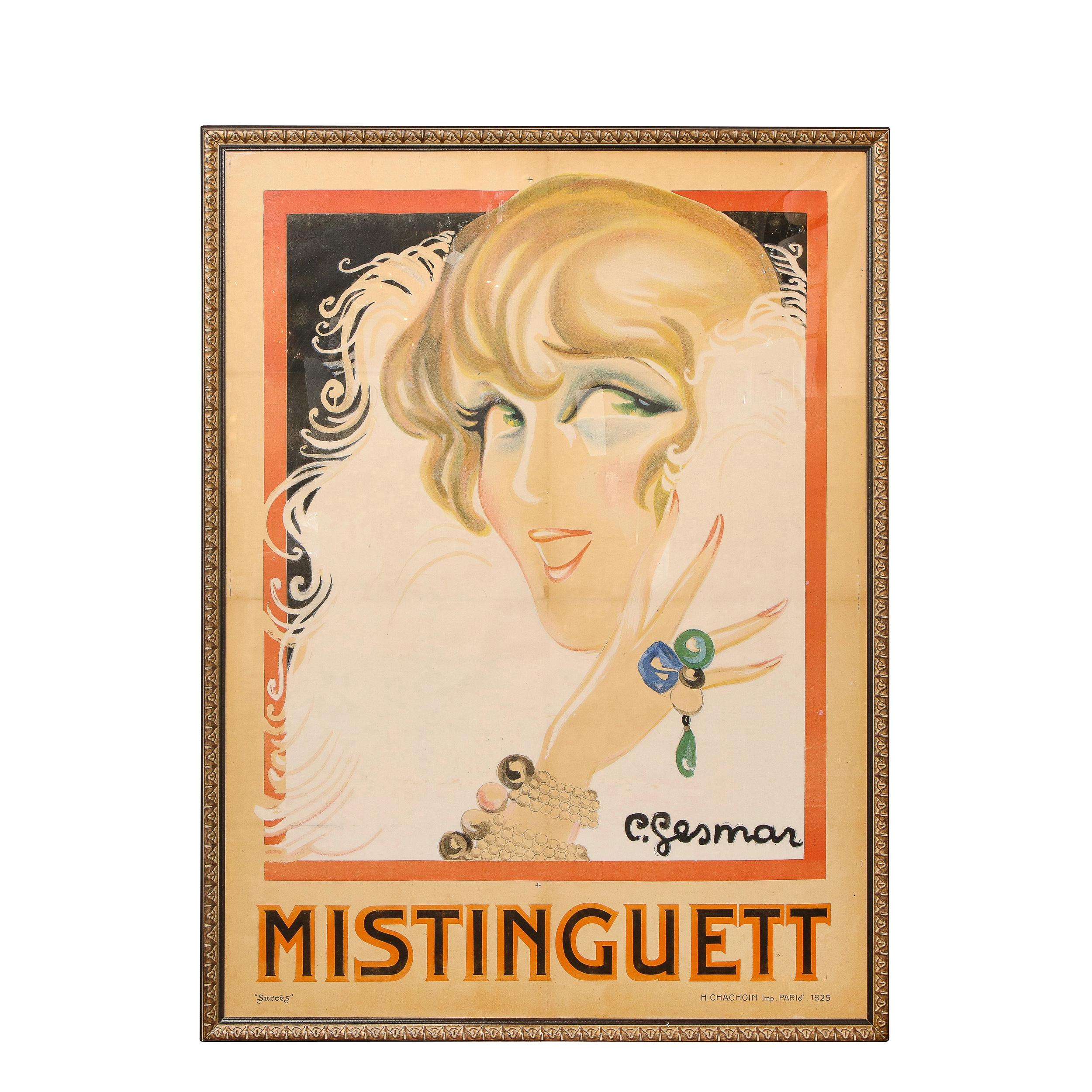 This elegant Art Deco color lithograph was realized in Paris, France by the legendary costume-designer/ graphic artist Charles Gesmar circa 1925. The subject of this piece is the cabaret performer Mistinguette portrayed here with pearl wrist bauble