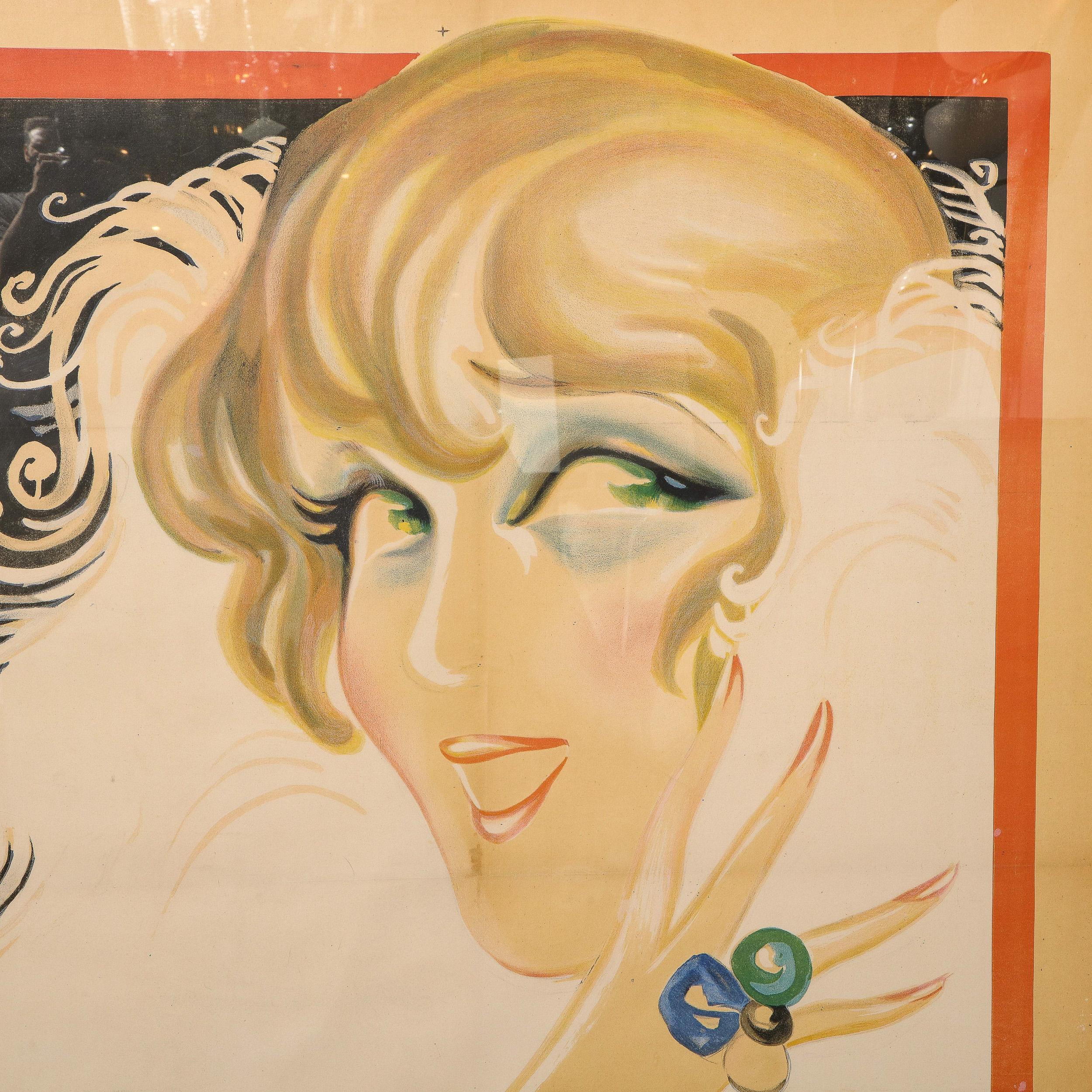 Paper French Art Deco Lithograph of Cabaret Performer 