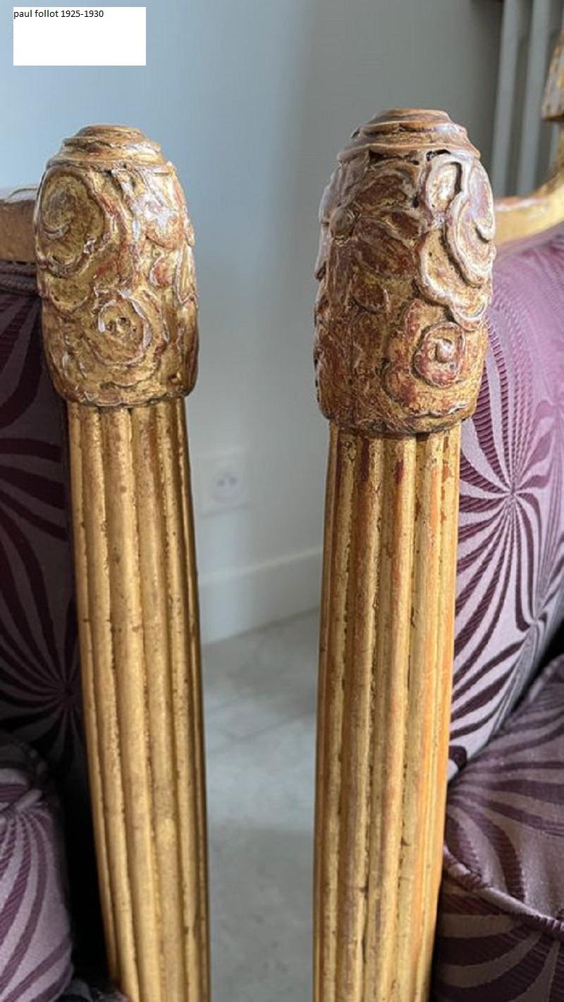 Early 20th Century French Art Déco Living Room Set Carved Wood Gilded by Paul Follot, 1920s For Sale