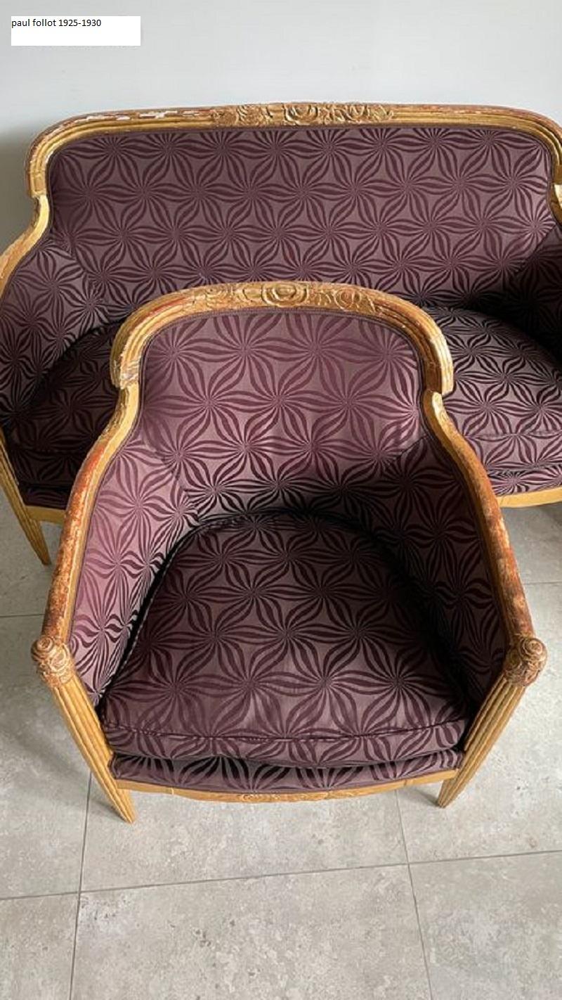 French Art Déco Living Room Set Carved Wood Gilded by Paul Follot, 1920s For Sale 3