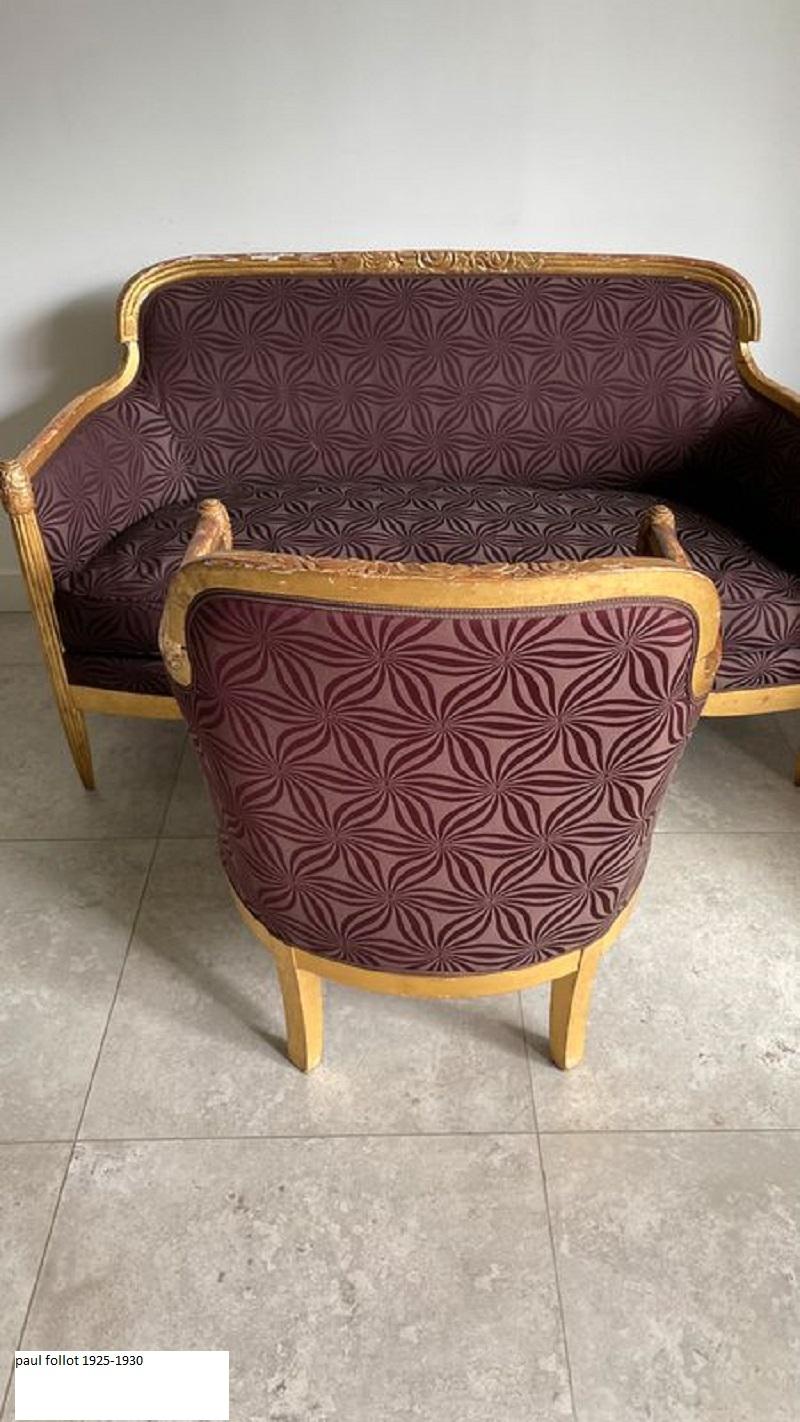 French Art Déco Living Room Set Carved Wood Gilded by Paul Follot, 1920s For Sale 4