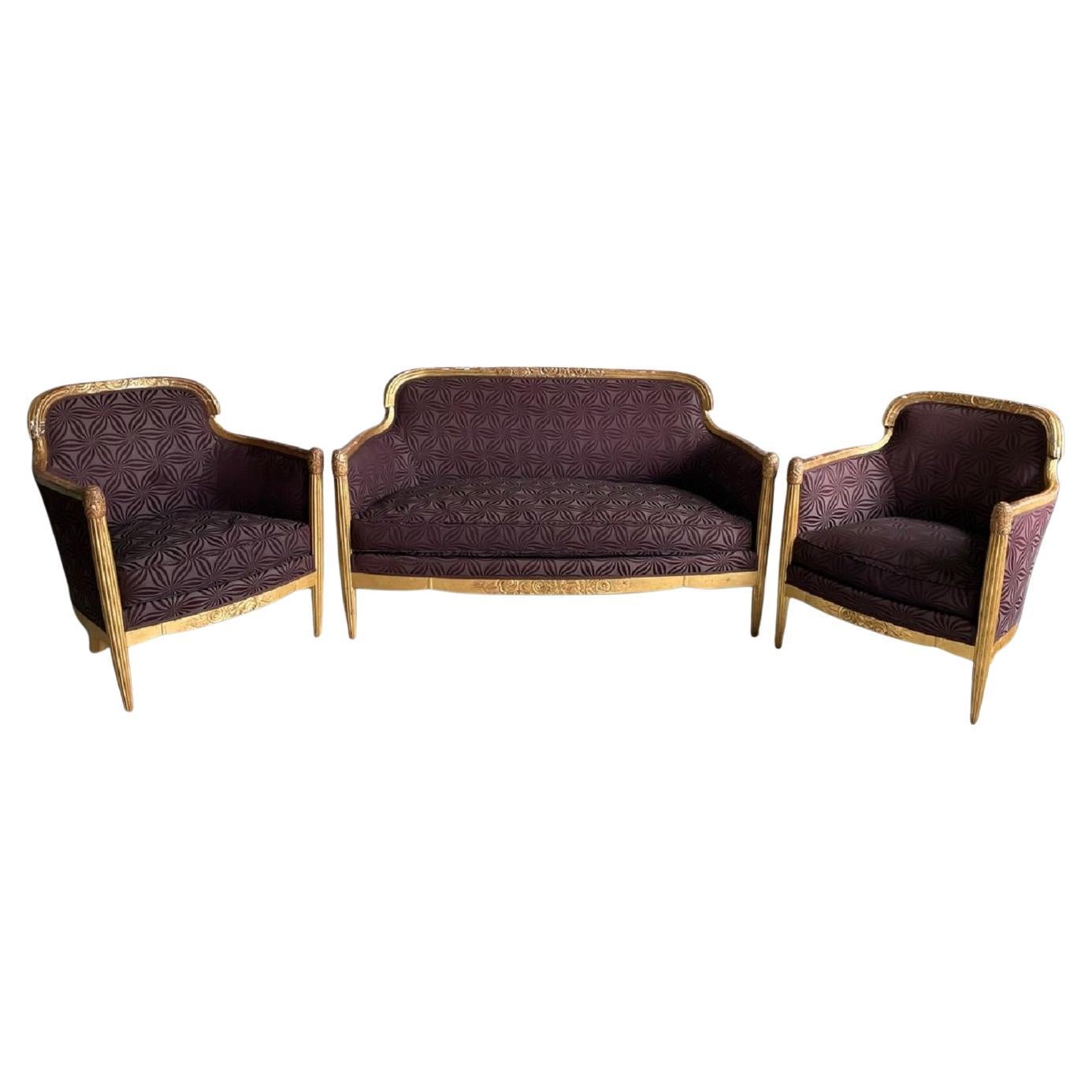 French Art Déco Living Room Set Carved Wood Gilded by Paul Follot, 1920s For Sale