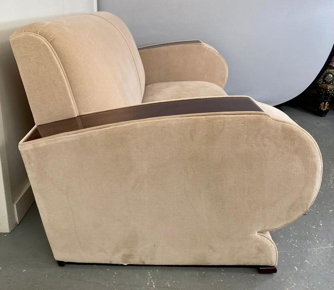 French Art Deco Living Room Set in Beige Suede & Rosewood Armrests, 3 Pieces  For Sale 6