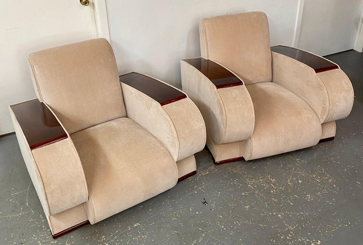 French Art Deco Living Room Set in Beige Suede & Rosewood Armrests, 3 Pieces  For Sale 8
