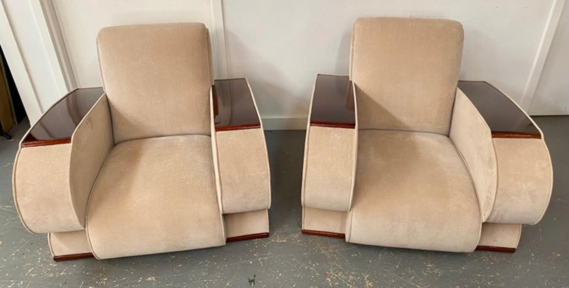 French Art Deco Living Room Set in Beige Suede & Rosewood Armrests, 3 Pieces  For Sale 9