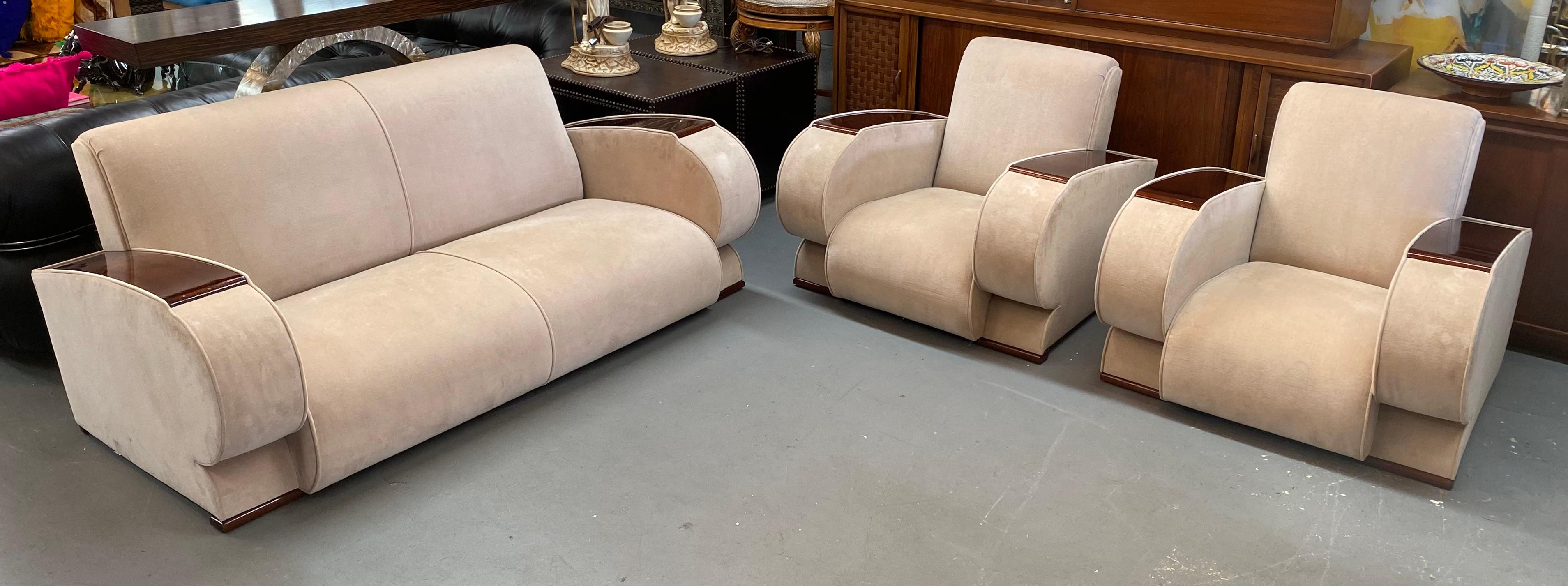 A remarkable living room set comprising French Art Deco lounge or club chairs, accompanied by a Sofa or Settee. These pieces of furniture effortlessly encapsulate the essence of the Art Deco aesthetic.

The upholstery adorning these distinguished