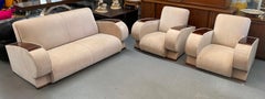French Art Deco Living Room Set in Beige Velvet & Rosewood Armrests, 3 Pieces
