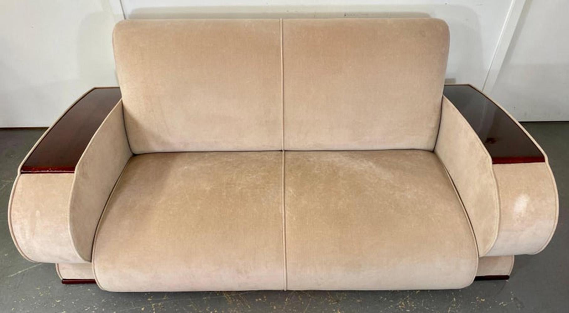 French Art Deco Living Room Set in Beige Suede & Rosewood Armrests, 3 Pieces  For Sale 1