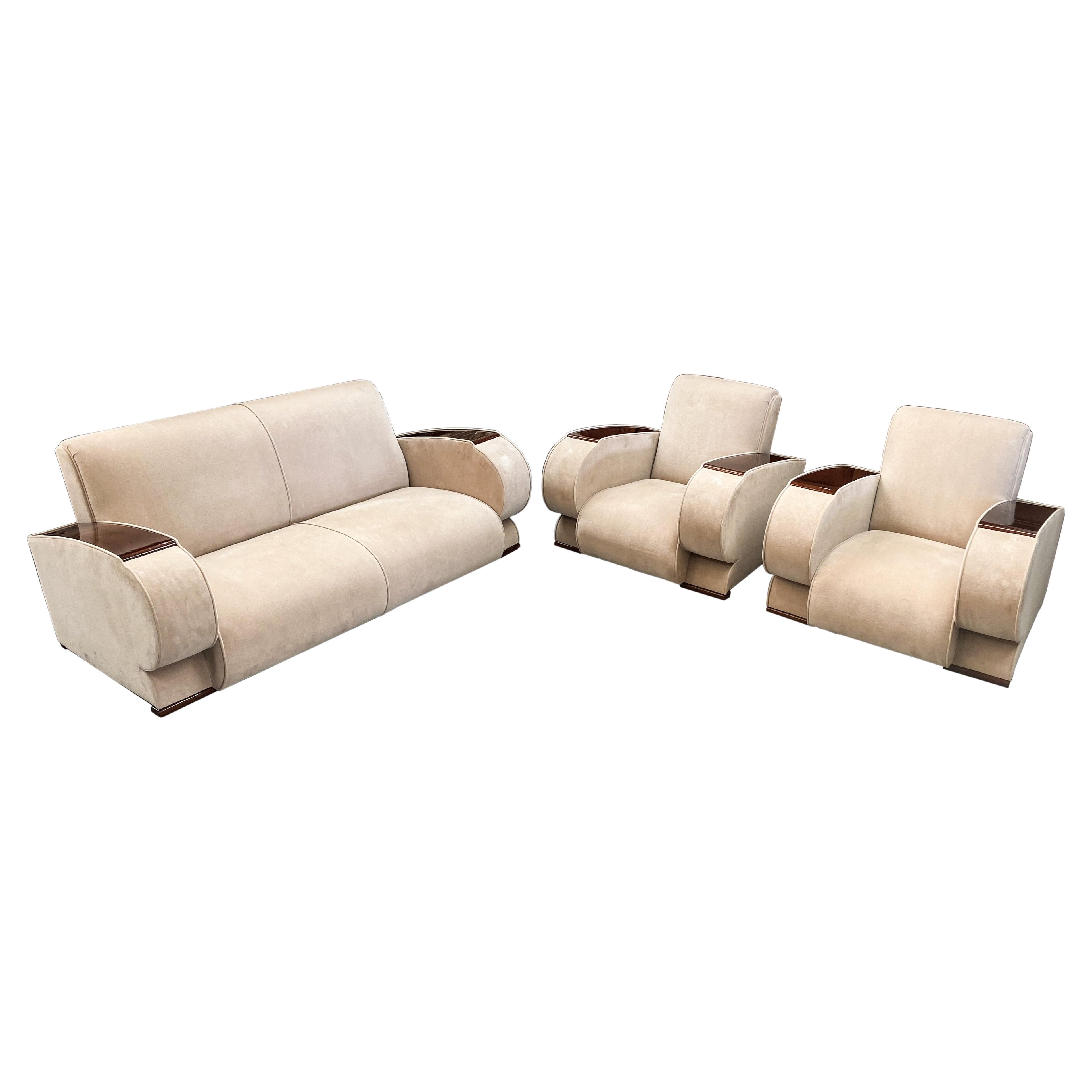 French Art Deco Living Room Set in Beige Suede & Rosewood Armrests, 3 Pieces  For Sale