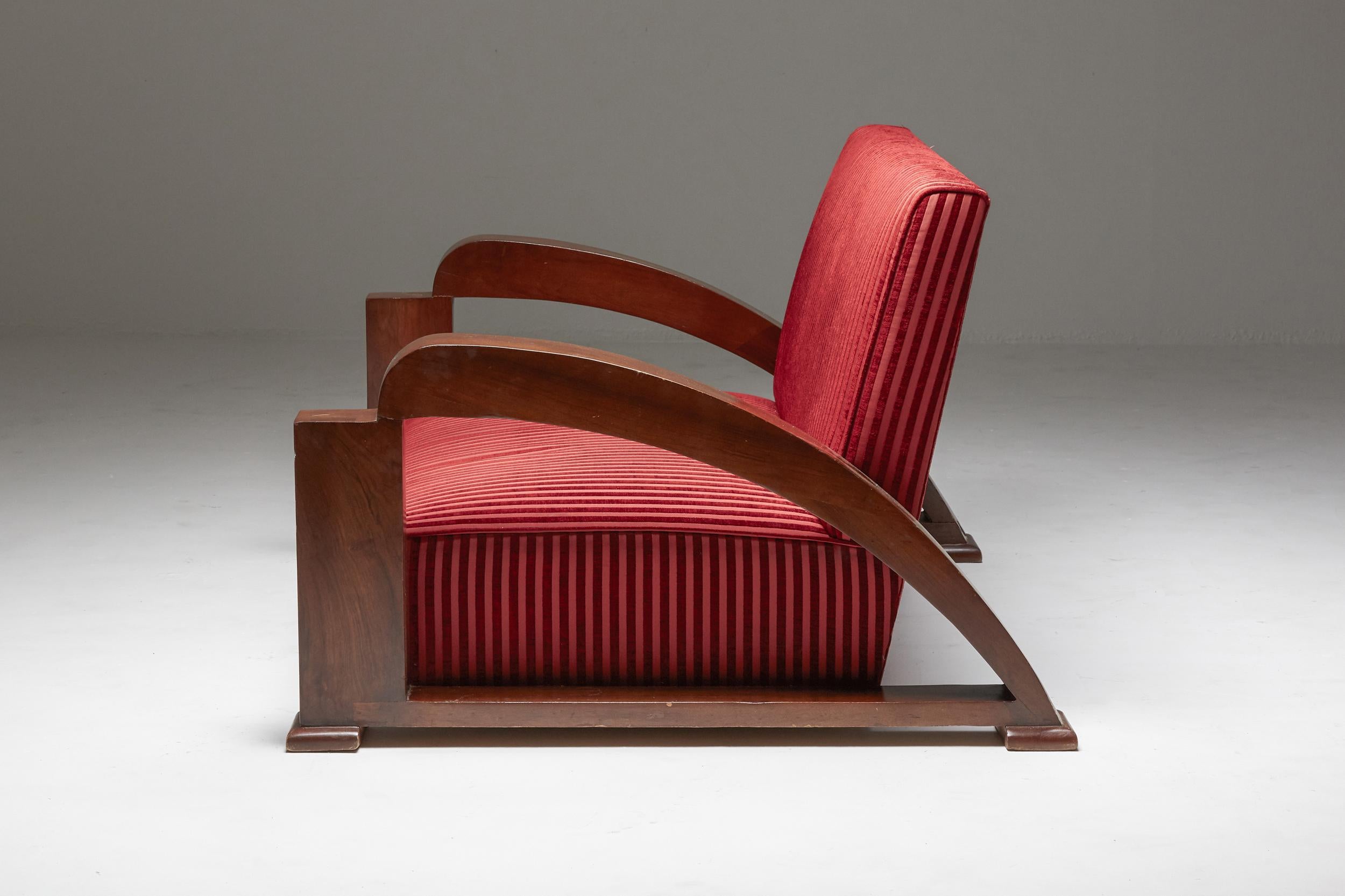 Juego de salón Art Déco francés de terciopelo rojo a rayas y con reposabrazos en forma de swoosh en venta 4