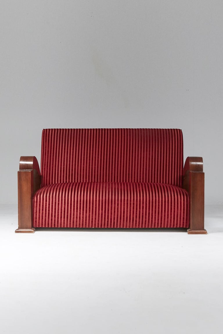 French Art Deco Living Room Set in Red Striped Velvet and with Swoosh