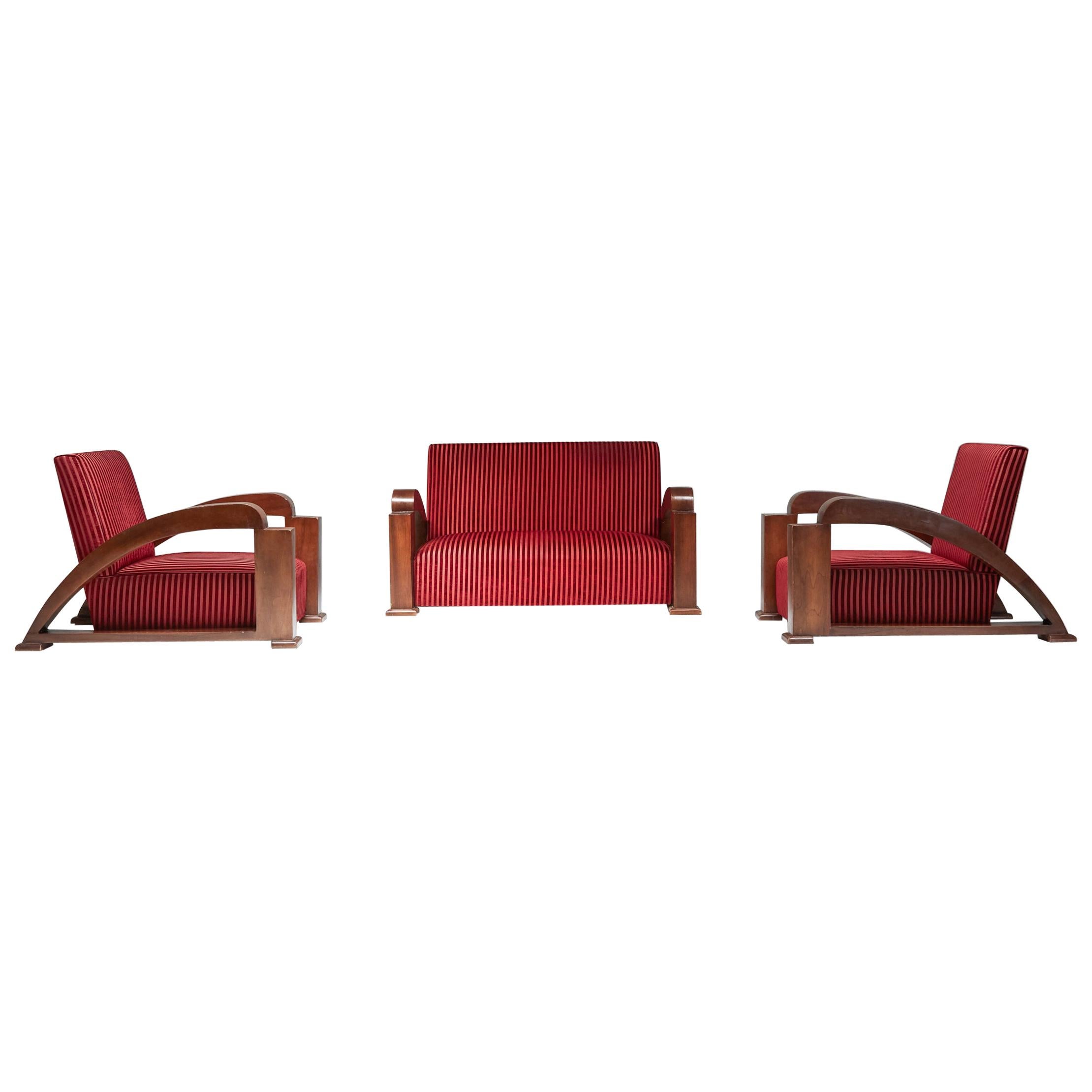 French Art Deco Living Room Set in Red Striped Velvet and with Swoosh