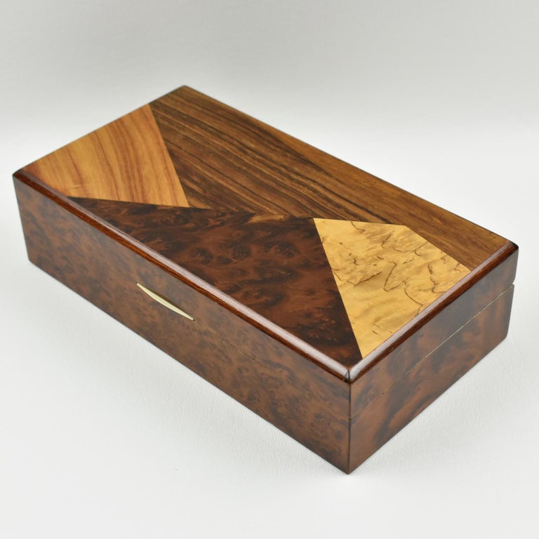 French Art Deco Long Modernist Burl Wood Box with Wooden Marquetry at 1stDibs