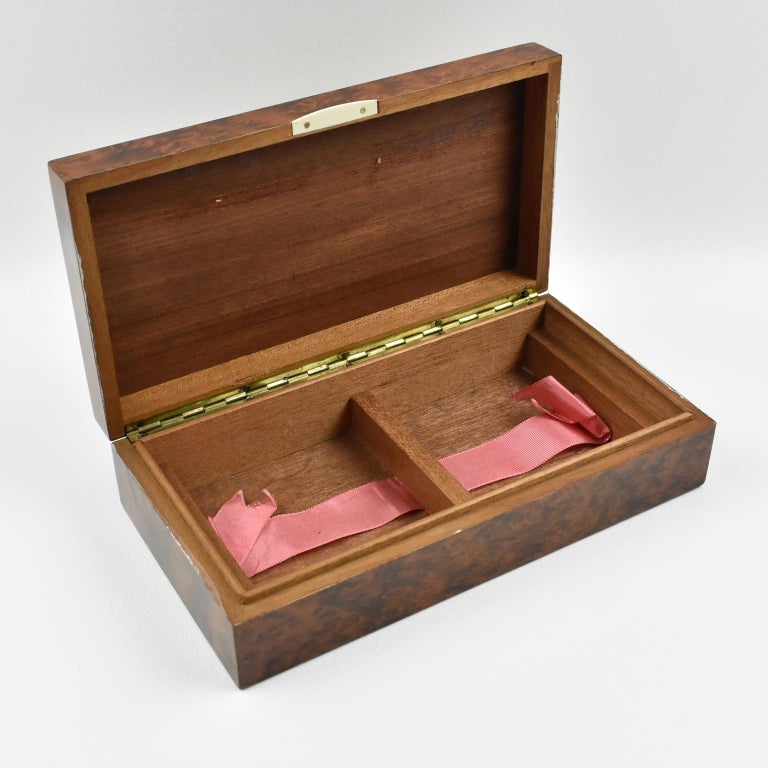 French Art Deco Long Modernist Burl Wood Box with Wooden Marquetry at 1stDibs