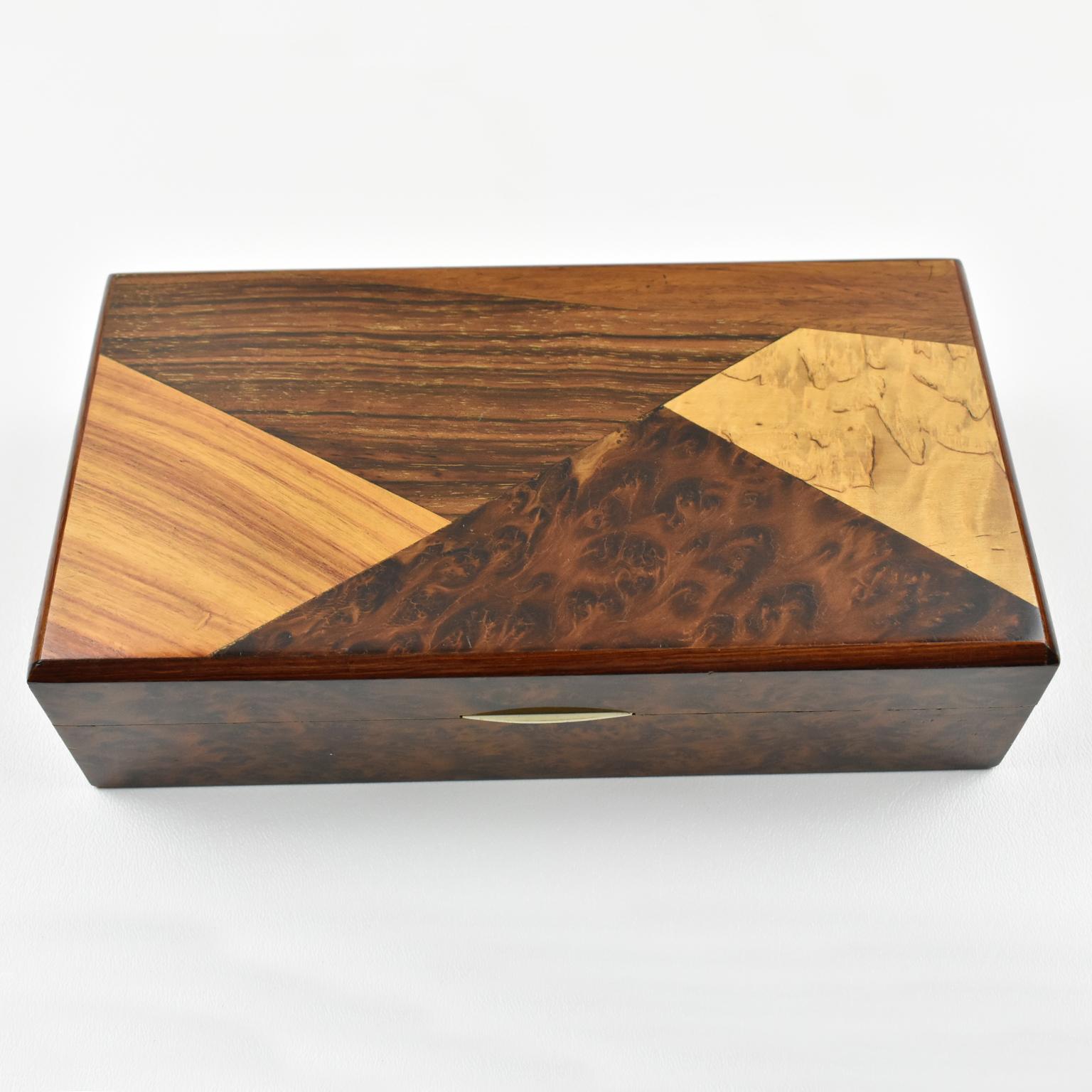French Art Deco Long Modernist Burl Wood Box with Wooden Marquetry In Excellent Condition In Atlanta, GA