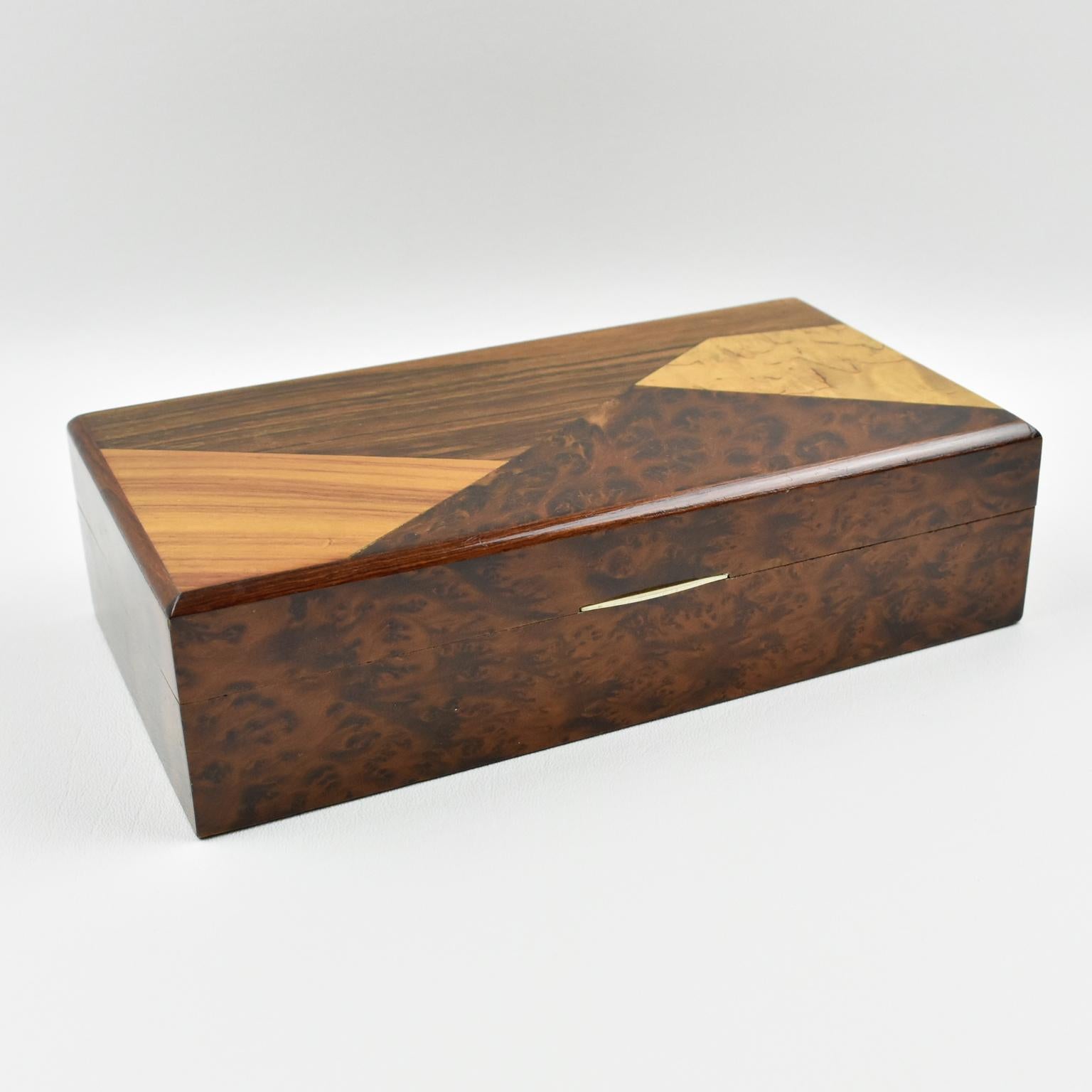 Mid-20th Century French Art Deco Long Modernist Burl Wood Box with Wooden Marquetry