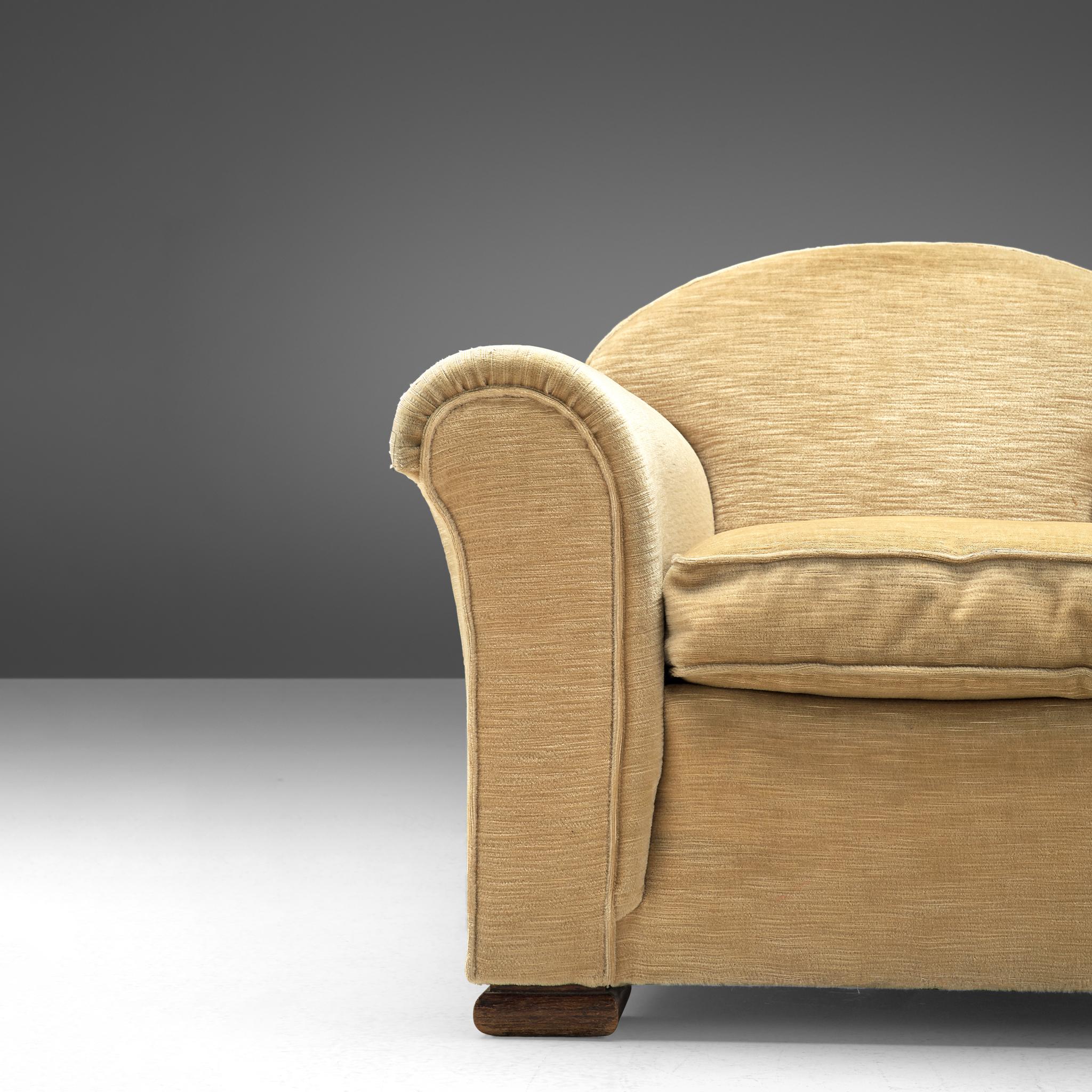 Fabric French Art Deco Lounge Chair in Beige Upholstery