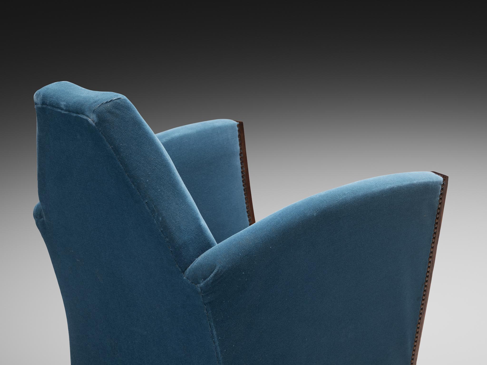 Metal French Art Deco Lounge Chair in Blue Velvet and Oak For Sale