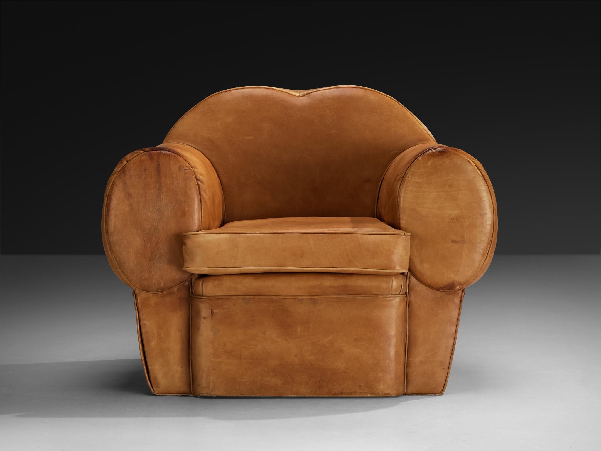 French Art Deco Lounge Chair in Cognac Leather For Sale 3
