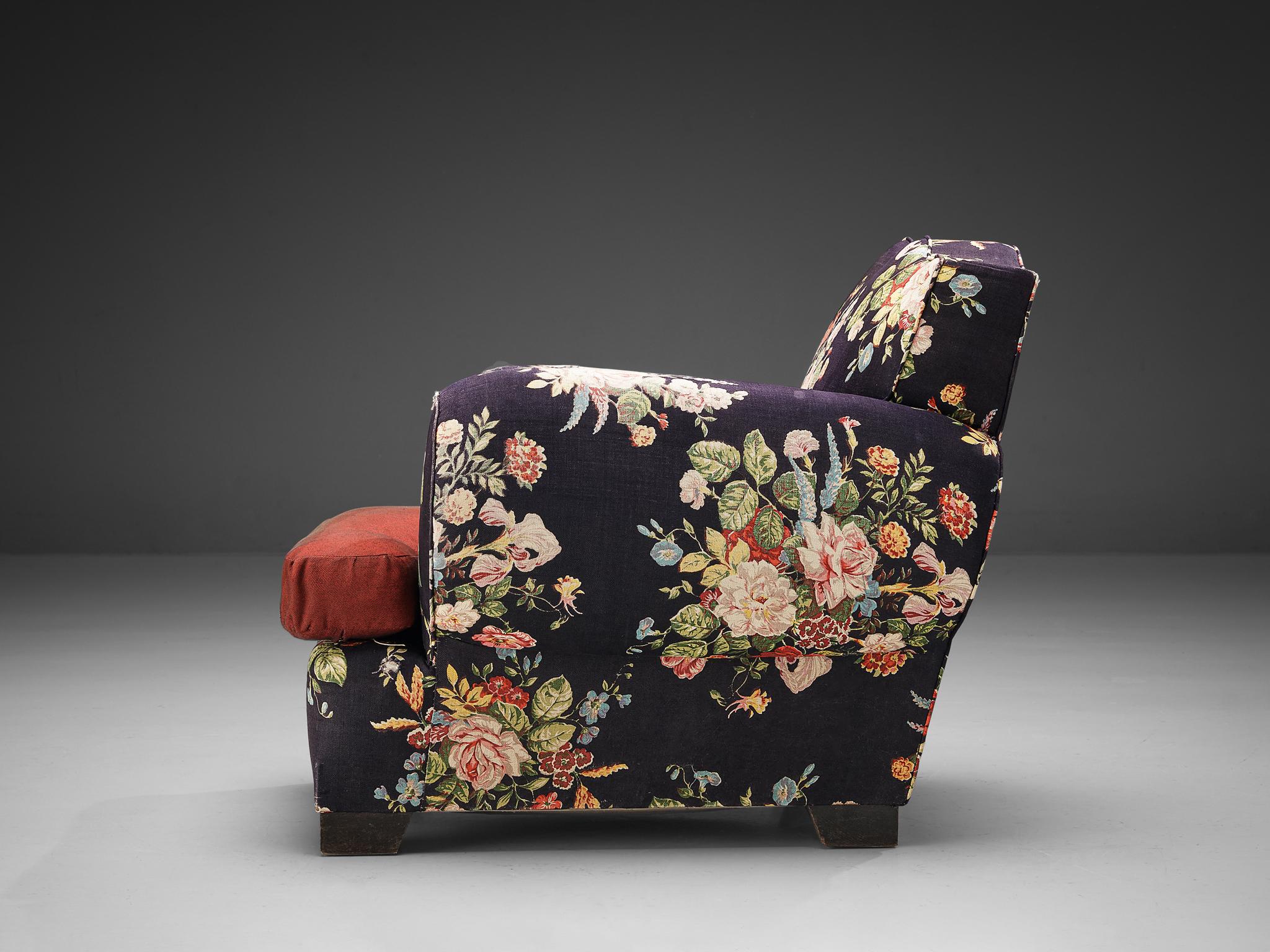 Fabric French Art Deco Lounge Chair in Floral Upholstery For Sale