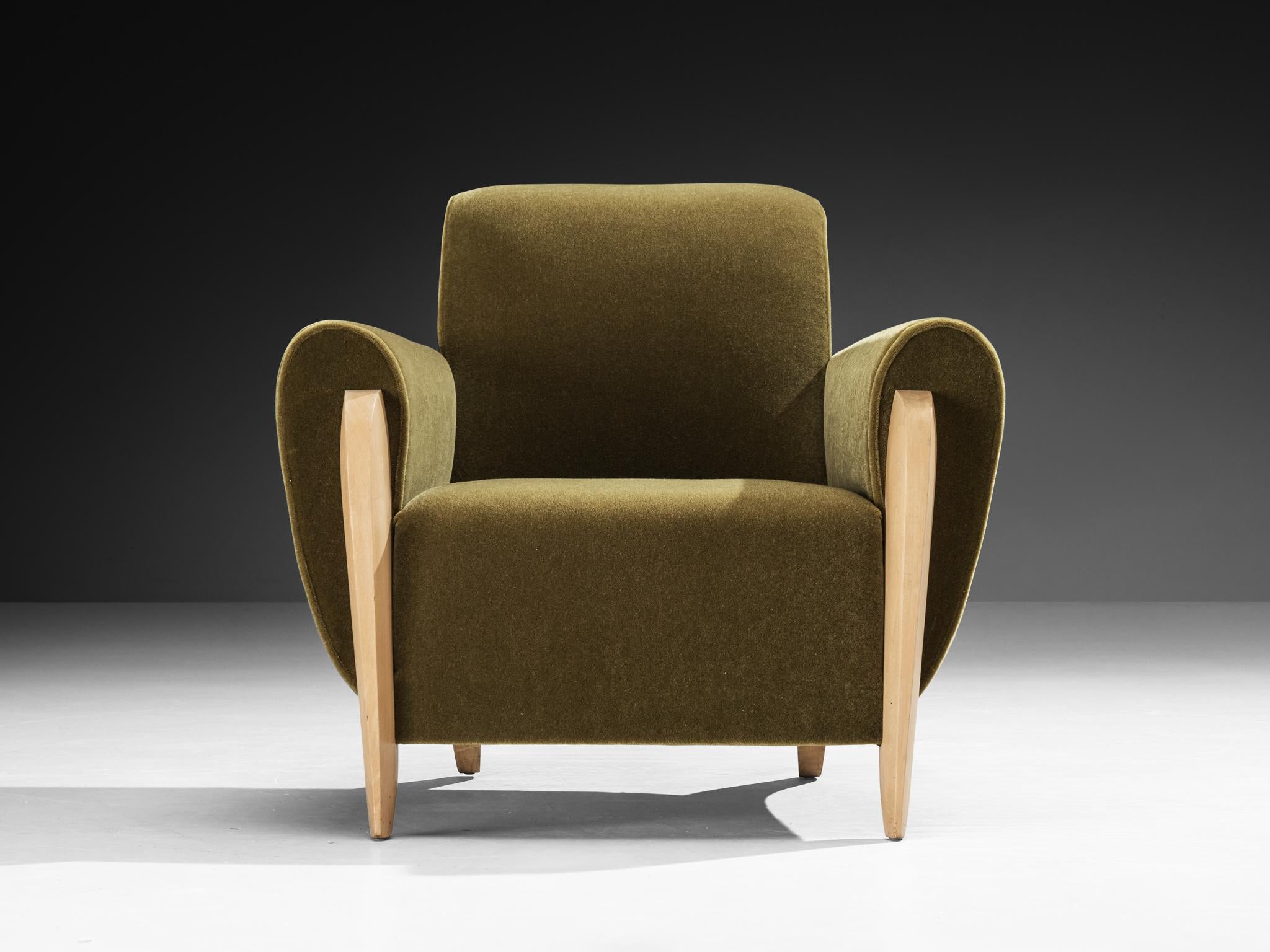 Fabric French Art Deco Lounge Chair in Green Upholstery