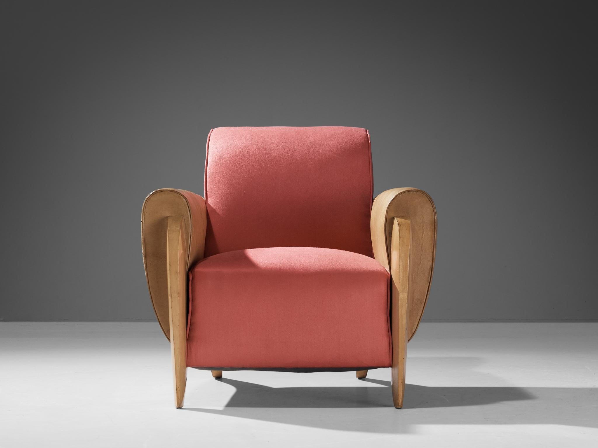 Brass French Art Deco Lounge Chair in Leather and Pink Silk