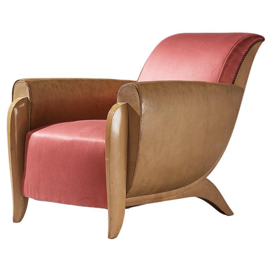 French Art Deco Lounge Chair in Leather and Pink Silk  For Sale