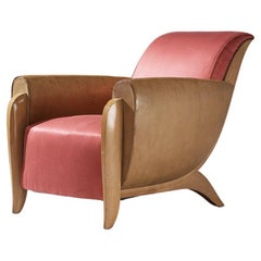 Vintage French Art Deco Lounge Chair in Leather and Pink Silk 