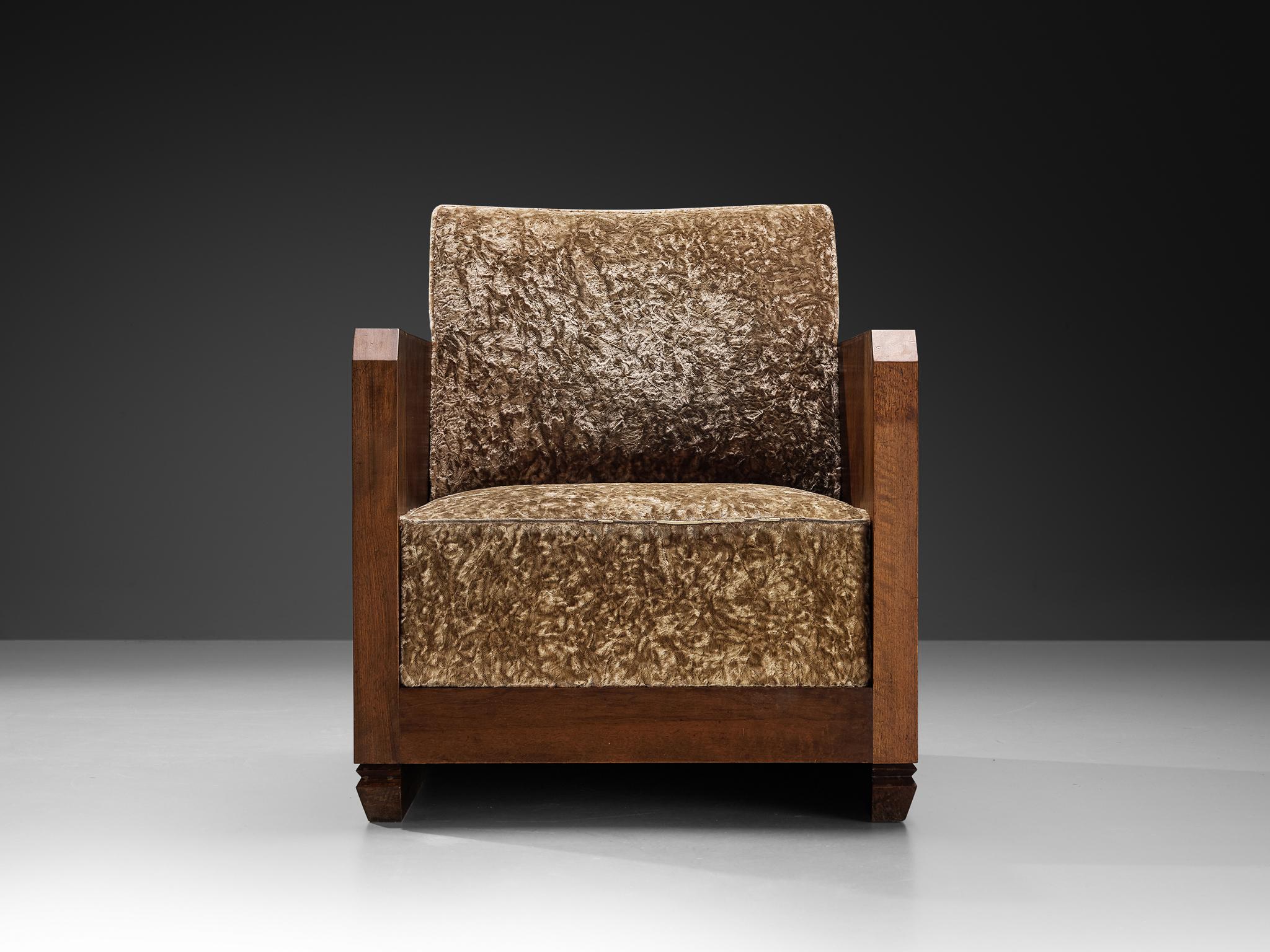 French Art Deco Lounge Chair in Mahogany and Brown Velour In Good Condition For Sale In Waalwijk, NL