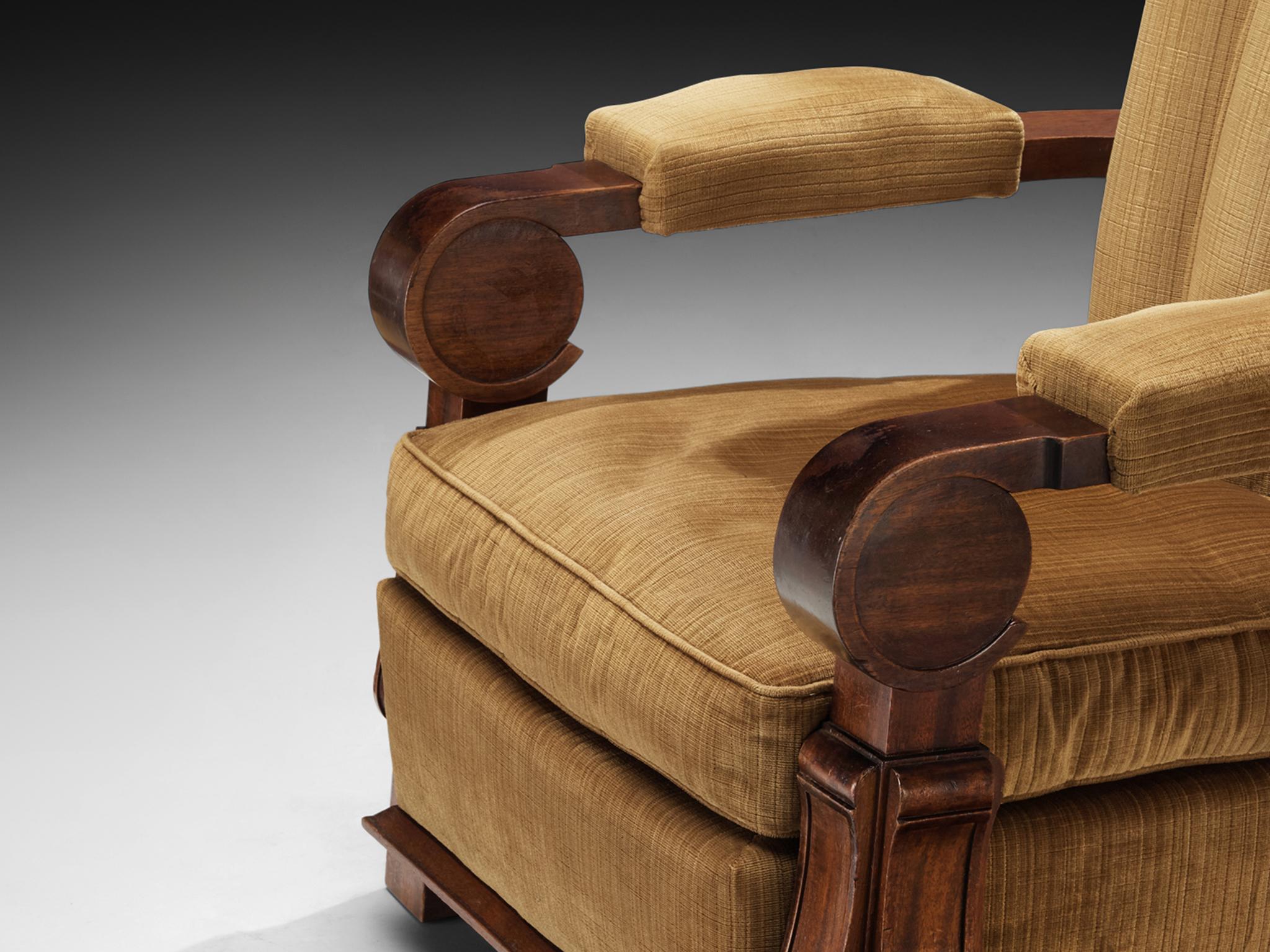 Milieu du XXe siècle Chaise longue Art déco française en acajou et tissu beige doré en vente