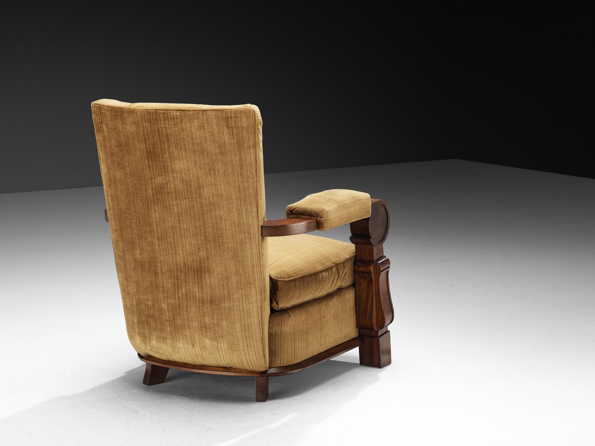 Velours Chaise longue Art déco française en acajou et tissu beige doré en vente