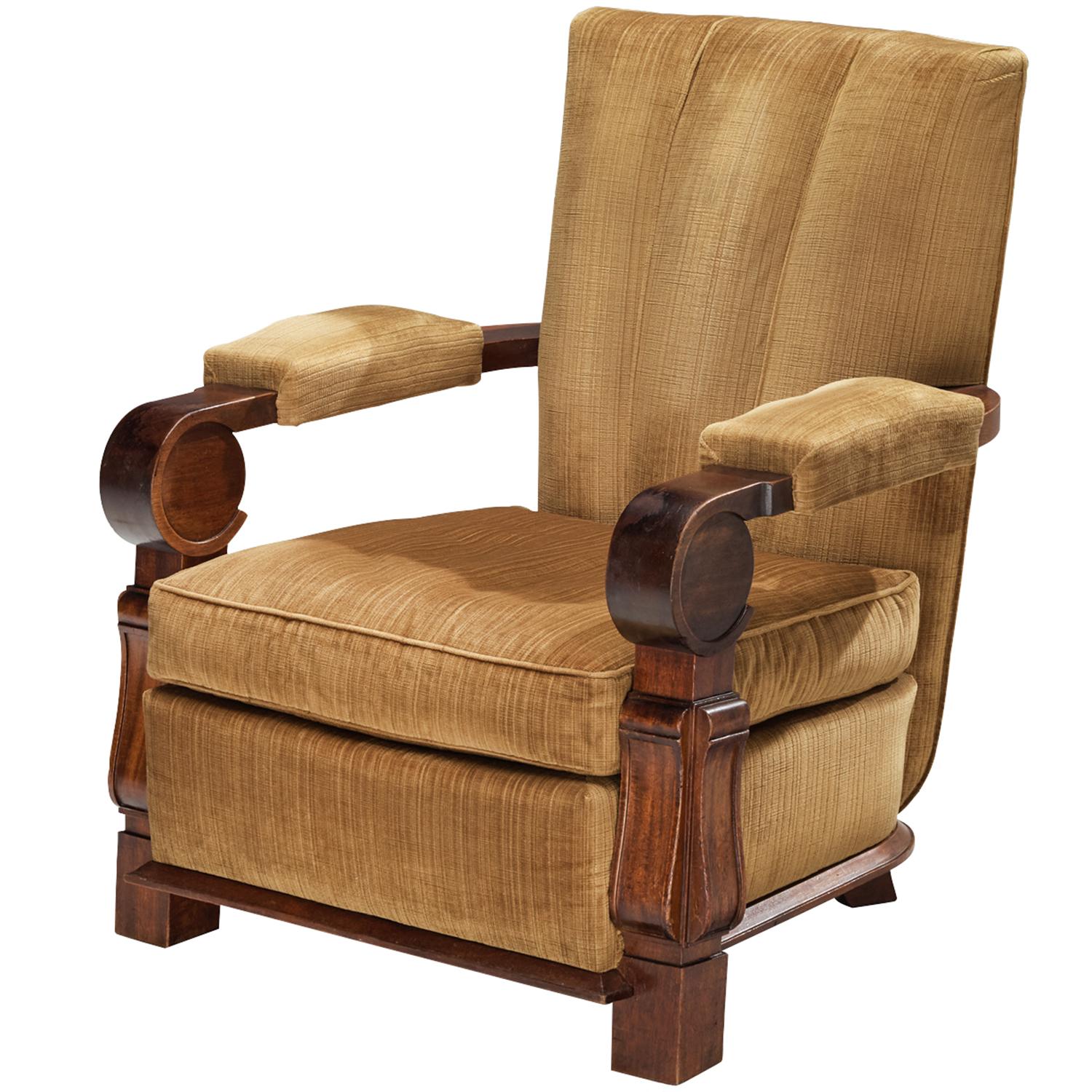 French Art Deco Lounge Chair in Mahogany and Golden Beige Fabric