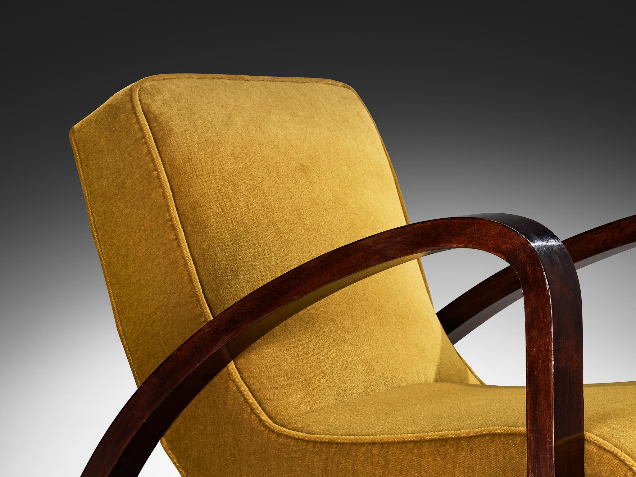 French Art Deco Lounge Chair in Mahogany and Pierre Frey Mohair For