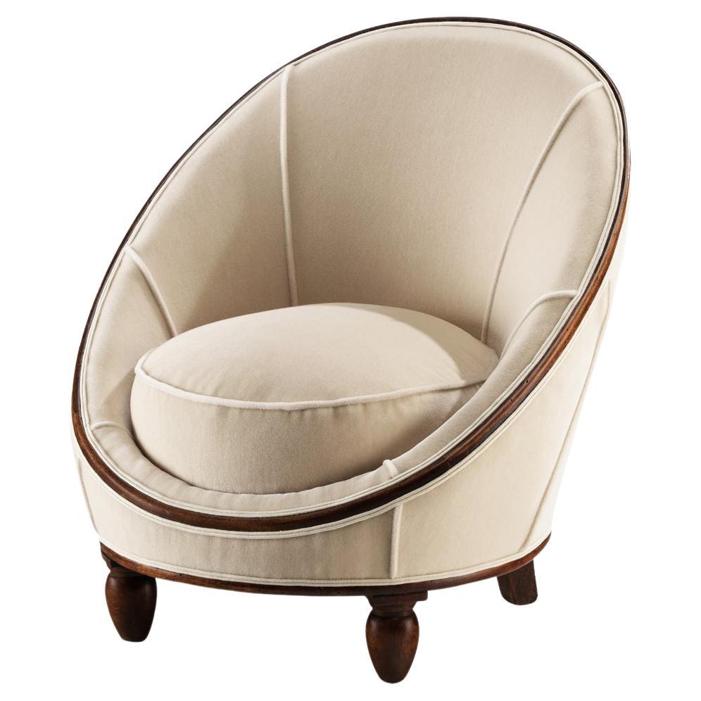 French Art Deco Lounge Chair in Off-White Fabric and Wood
