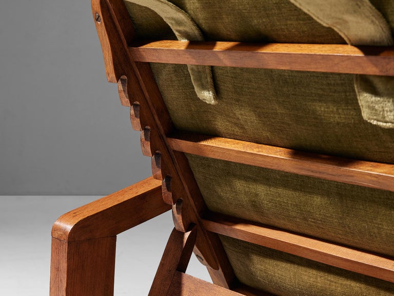 French Art Deco Lounge Chair in Olive Green Velvet Upholstery For Sale