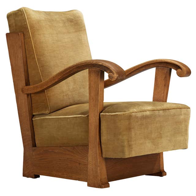 Art Deco Scroll Form Lounge Chair W/ Walnut Supports in Viridian Velvet ...
