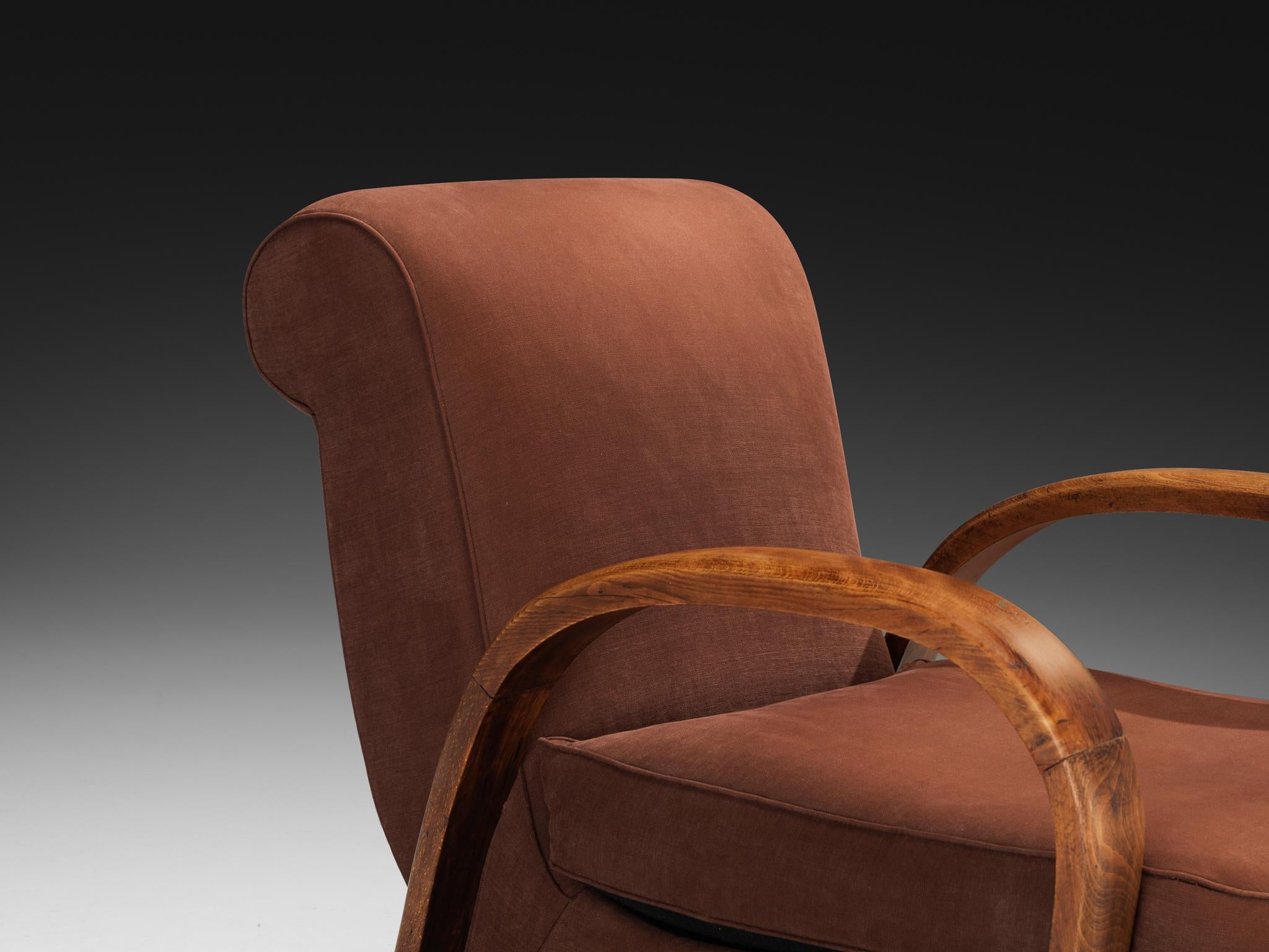 Fabric French Art Deco Lounge Chair with Elegant Arched Armrests