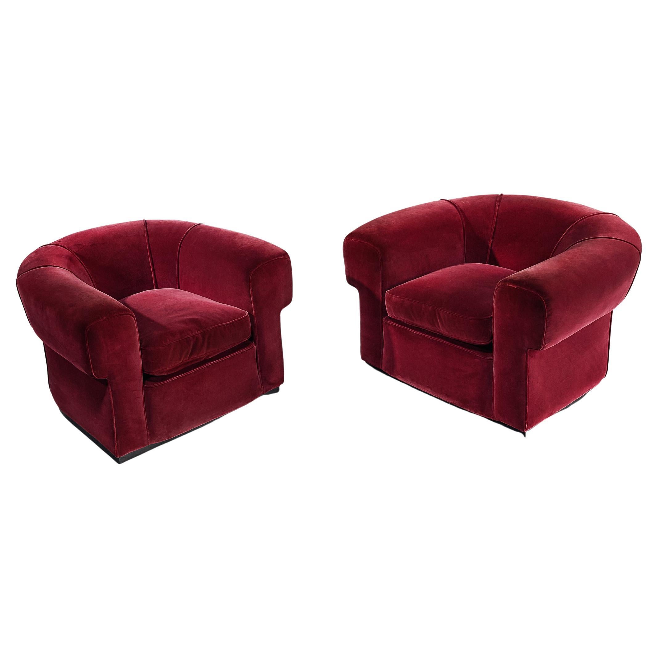 Italian Art Deco Pair of Lounge Chairs in Burgundy Velvet For Sale